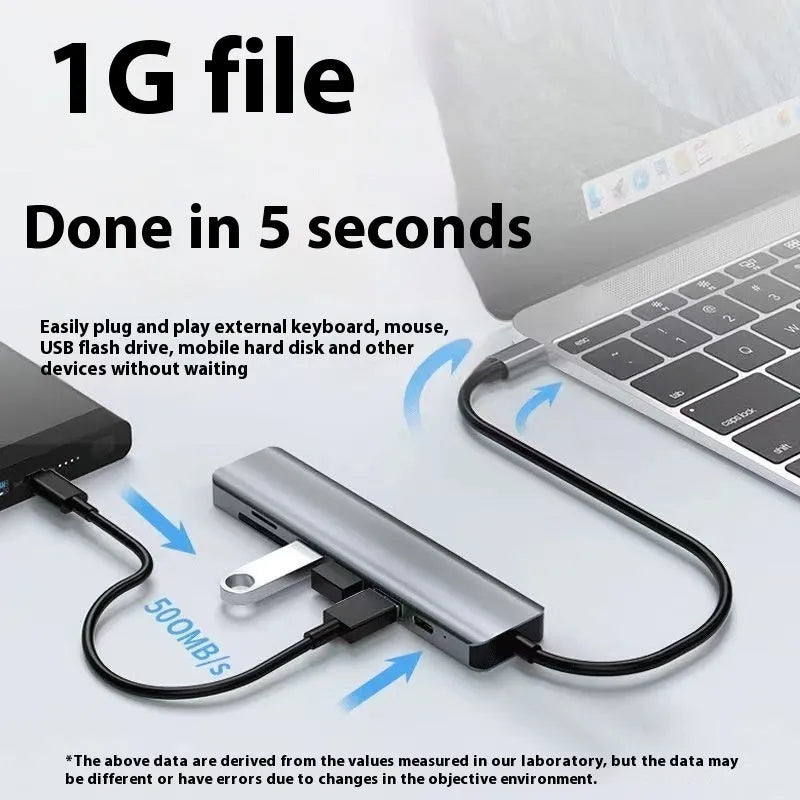 USB-C 7-in-1 expansion dock with HDMI port, multiple USB ports, and a 15cm black cable.
