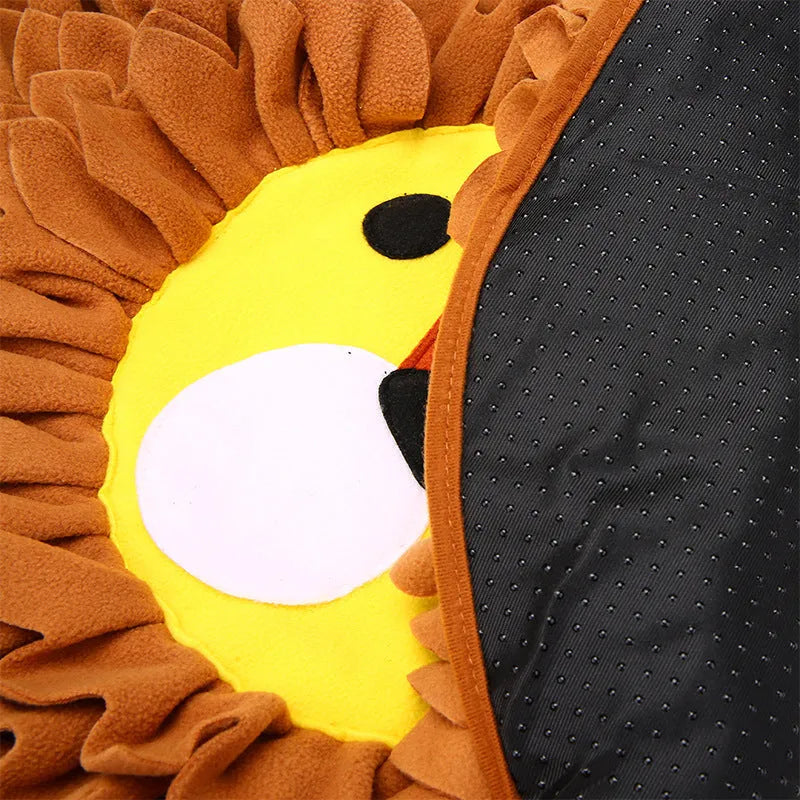 Brown Lion Sniffing Pad for dogs and cats with pockets for food hiding games.