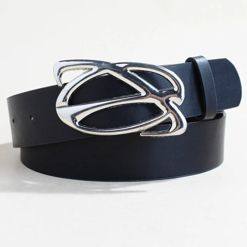 Casual silver alloy buckle on a brown PU leather belt with snap button fastening