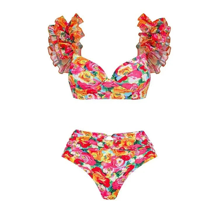 Women's floral print swimsuit with high waist bottom and push up bikini top in blue floral pattern