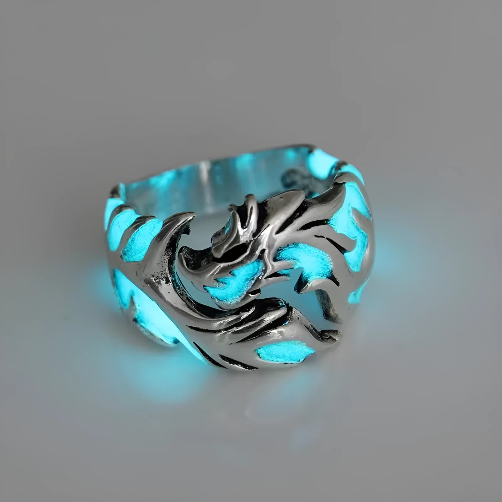 Chinese dragon pattern adjustable ring with archaism silver blue green electroplated metal