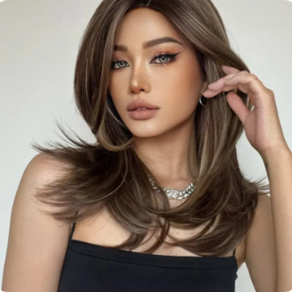 Mid-length platinum gradient synthetic wig with long curly hair and bangs in wine red, brown, or white gold colour.