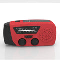 Red rechargeable emergency hand radio torch with built-in speaker and USB port