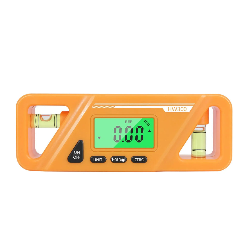 HW300 digital magnetic inclinometer level meter showing angle on display.