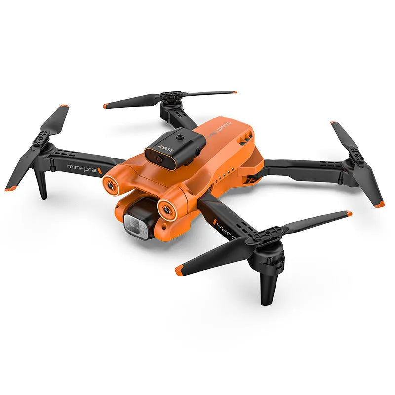 Black and orange remote control quadcopter drone with four rotors, shown folded and unfolded.
