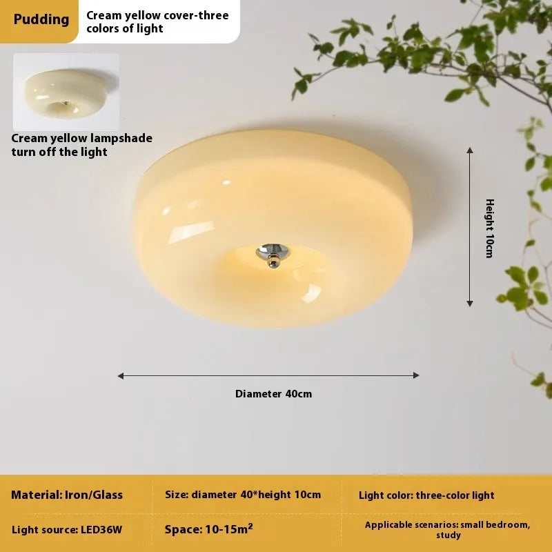Cream American-style bedroom ceiling lamp with three-colour light mounted centrally