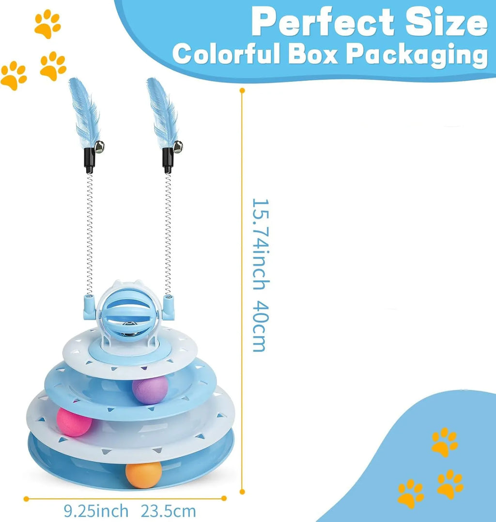 Blue 4-tier interactive cat puzzle toy with balls and teasing rods on a non-slip base.