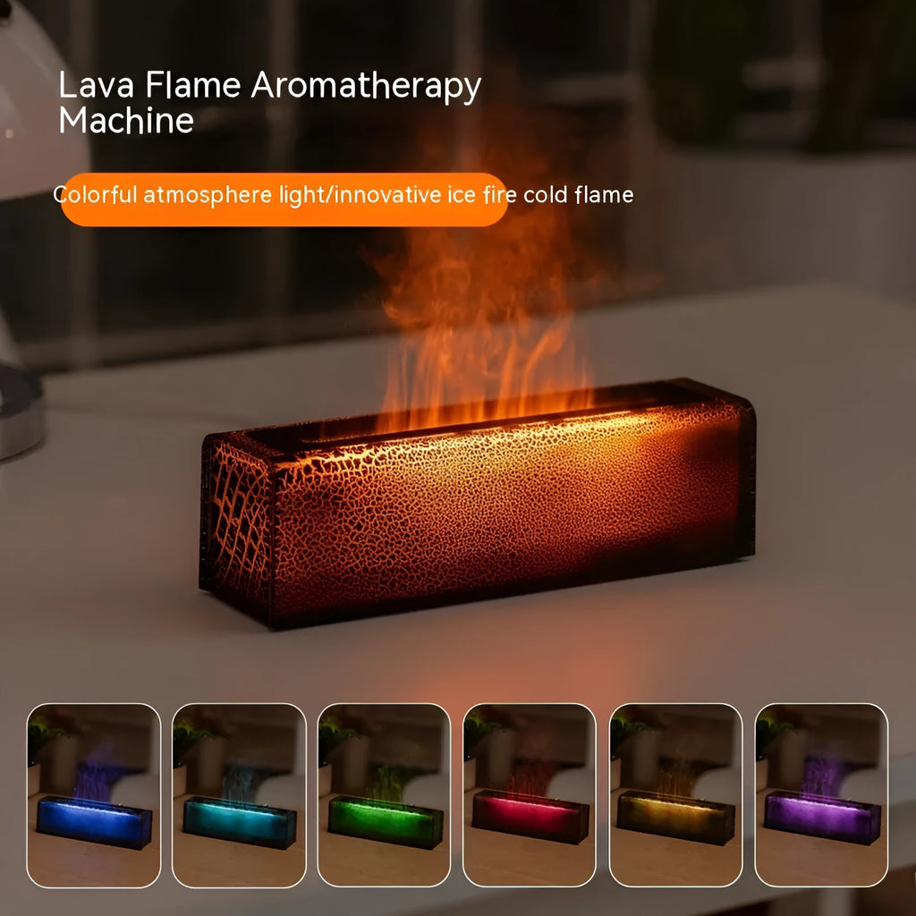 Square black desktop aroma diffuser and humidifier with creative lava flame lighting effect.