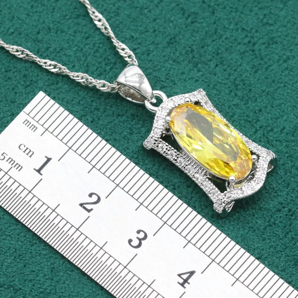 Anti-allergy zircon jewellery set with necklace, earrings, ring, and bracelet in yellow or olive colours