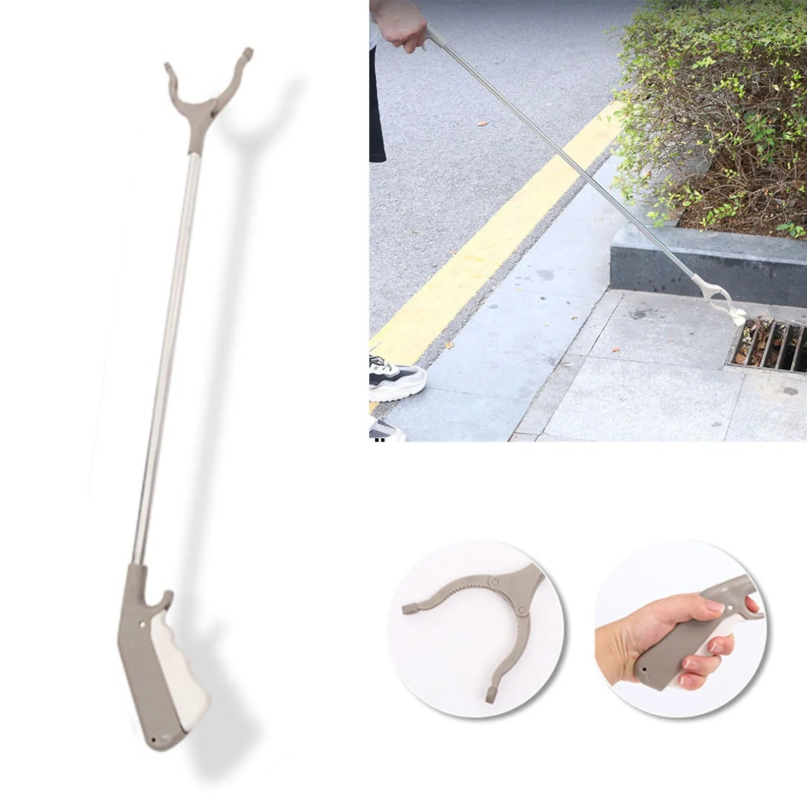 Long-handled stainless steel garbage picker pliers with a push-type handle.