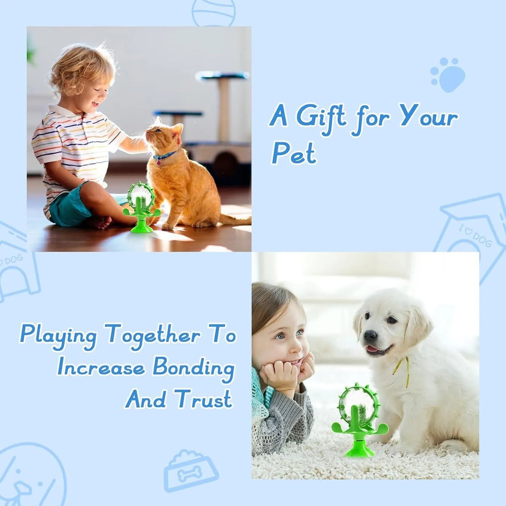 Interactive pet puzzle toy with spinner treat dispenser and suction cup base in multiple colours