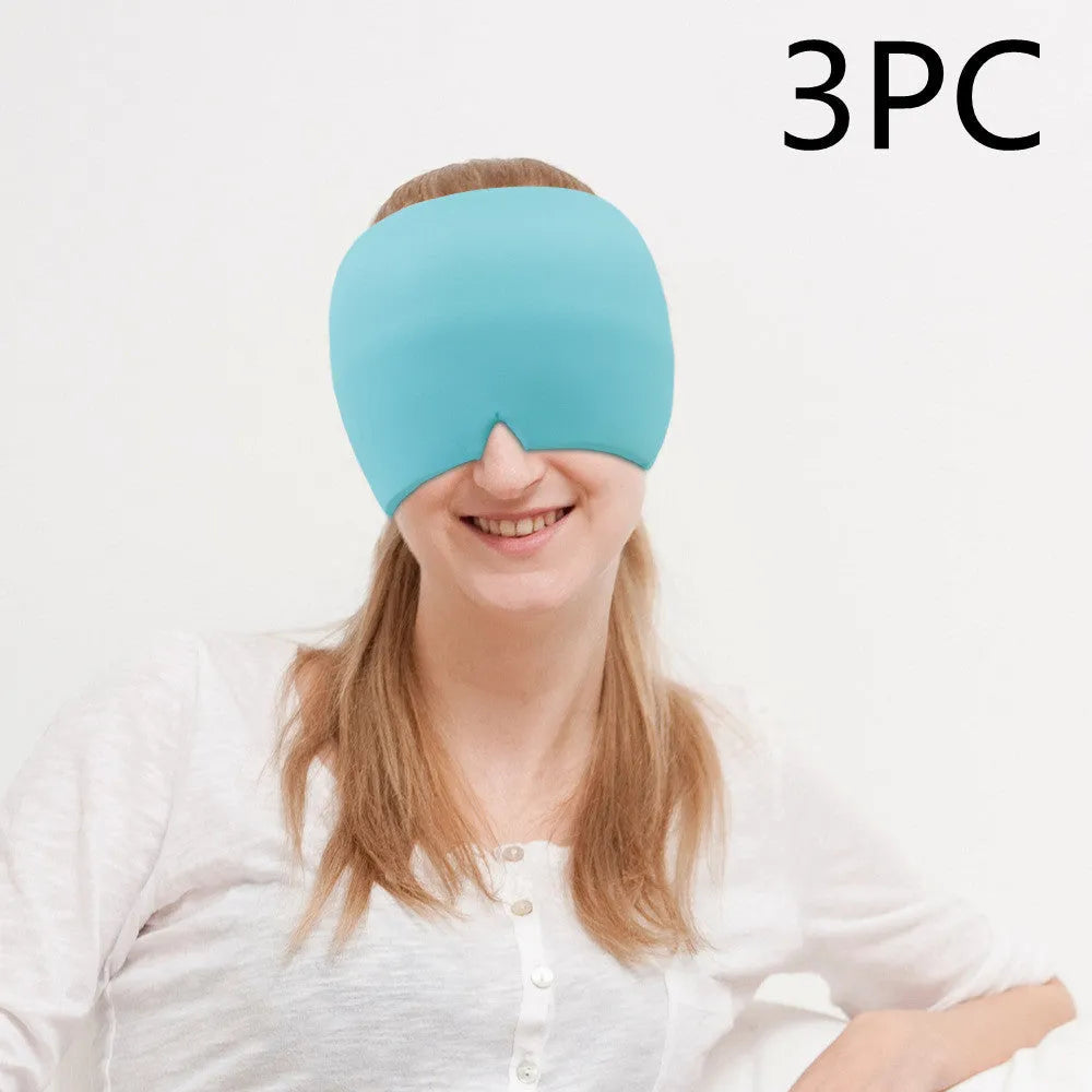 Black elastic cloth gel ice headache relief eye mask showing adjustable headband and cooling gel construction