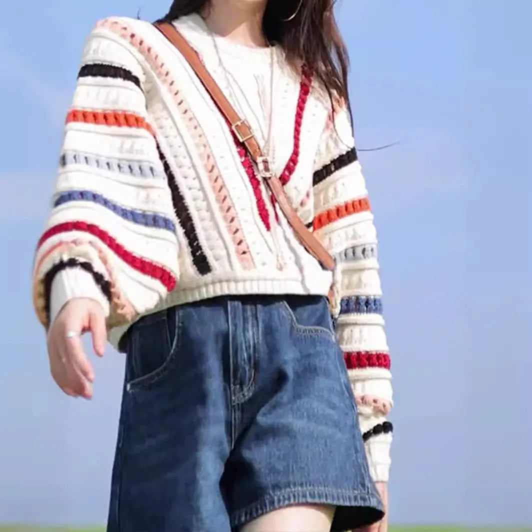 Retro rainbow striped loose pullover sweater with batwing sleeves in Japanese-Korean casual style