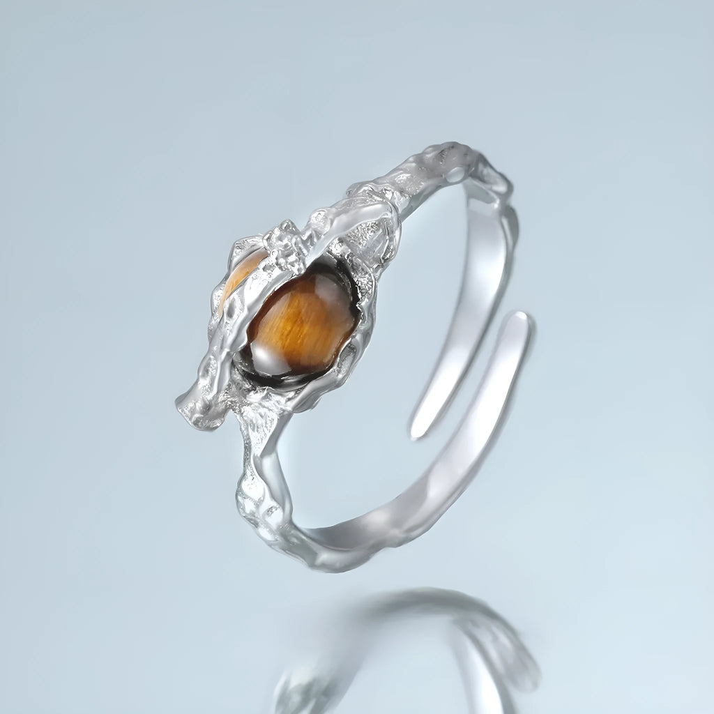 Saturn design silver open ring with white gold electroplated finish and adjustable opening