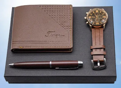 Creative holiday gift set containing wallet, pen and watch in brown or black colour options