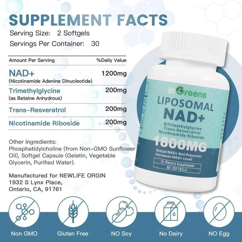 Bottle of NMN gel capsules, available in 60 piece or 120 piece counts.