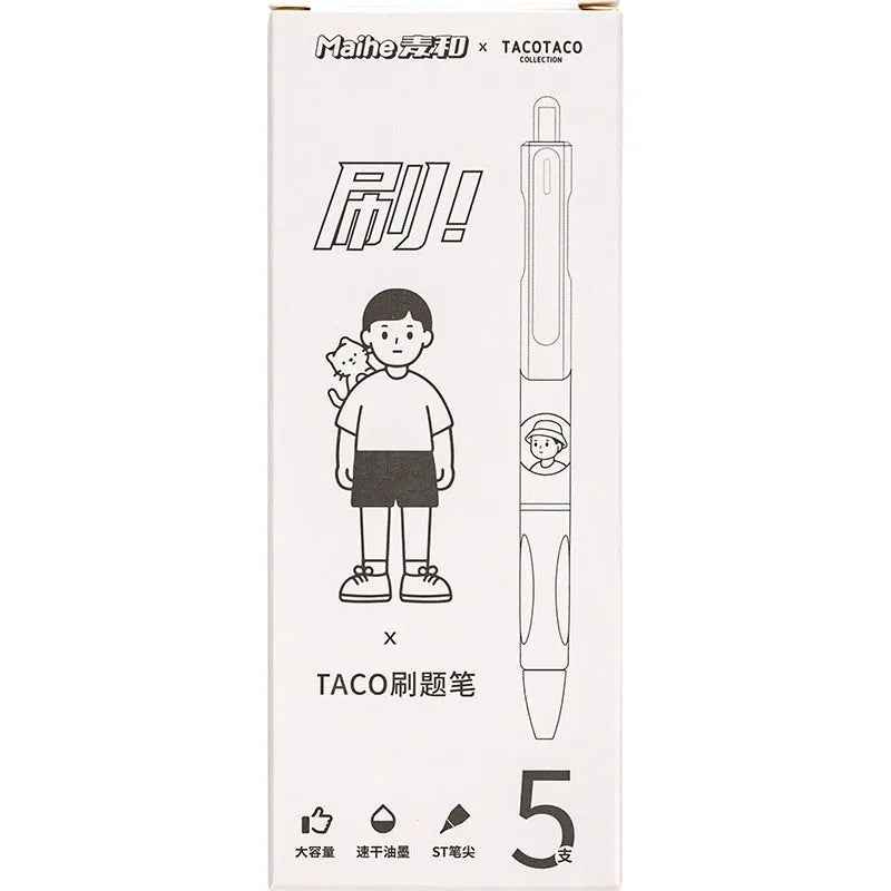 Five 0.5mm black ballpoint pens with plastic shells for student writing