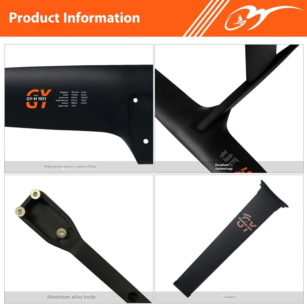 Black carbon fibre and aluminium alloy surfing hydrofoil with 1051mm front wing