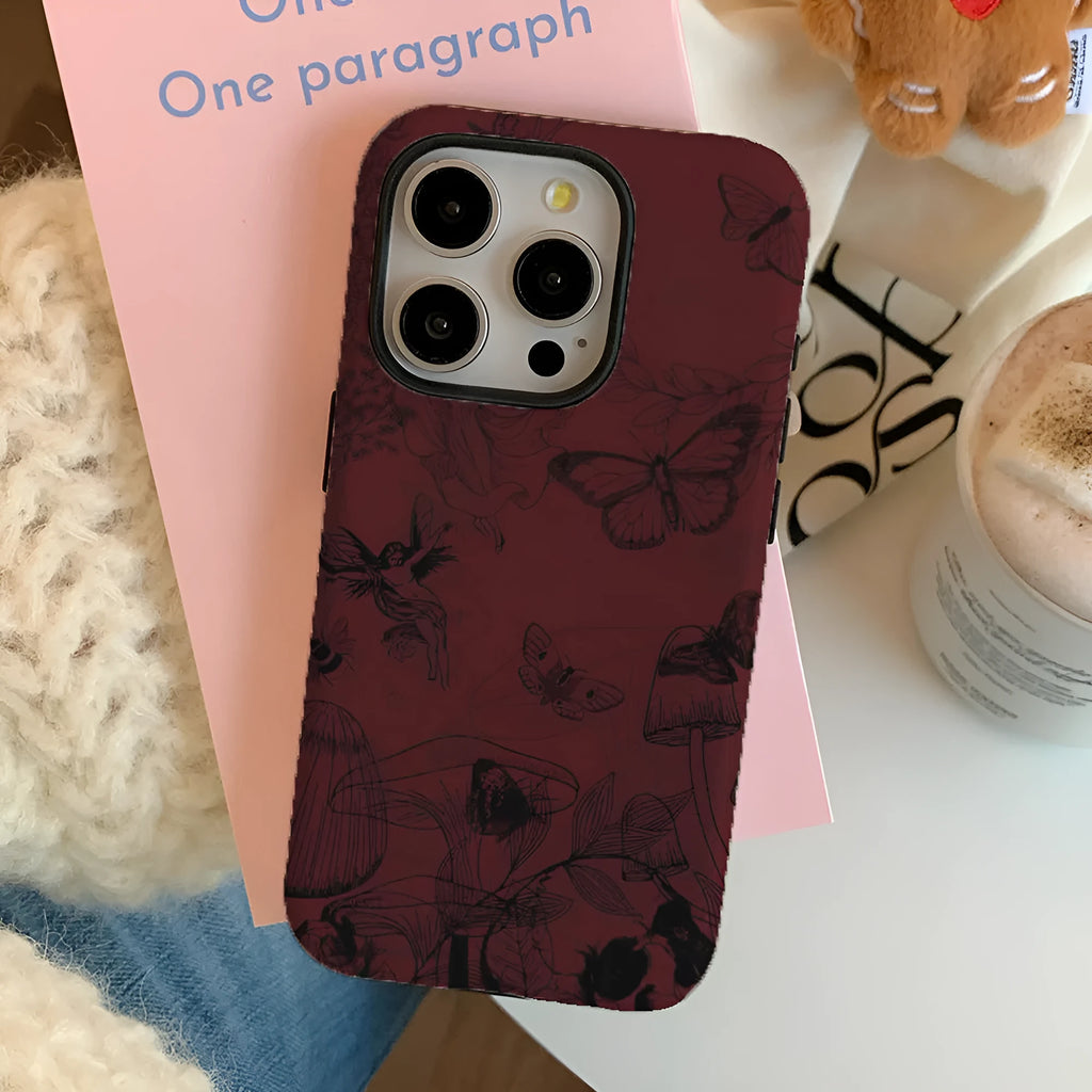 Retro butterfly and floral oil-painting print phone case in red, anti-fingerprint, for iPhone 11-16