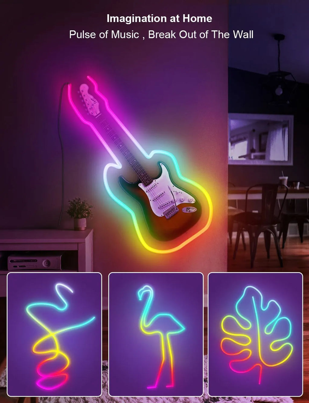 3 metre long RGB neon light strip with remote control showing colour-changing LEDs