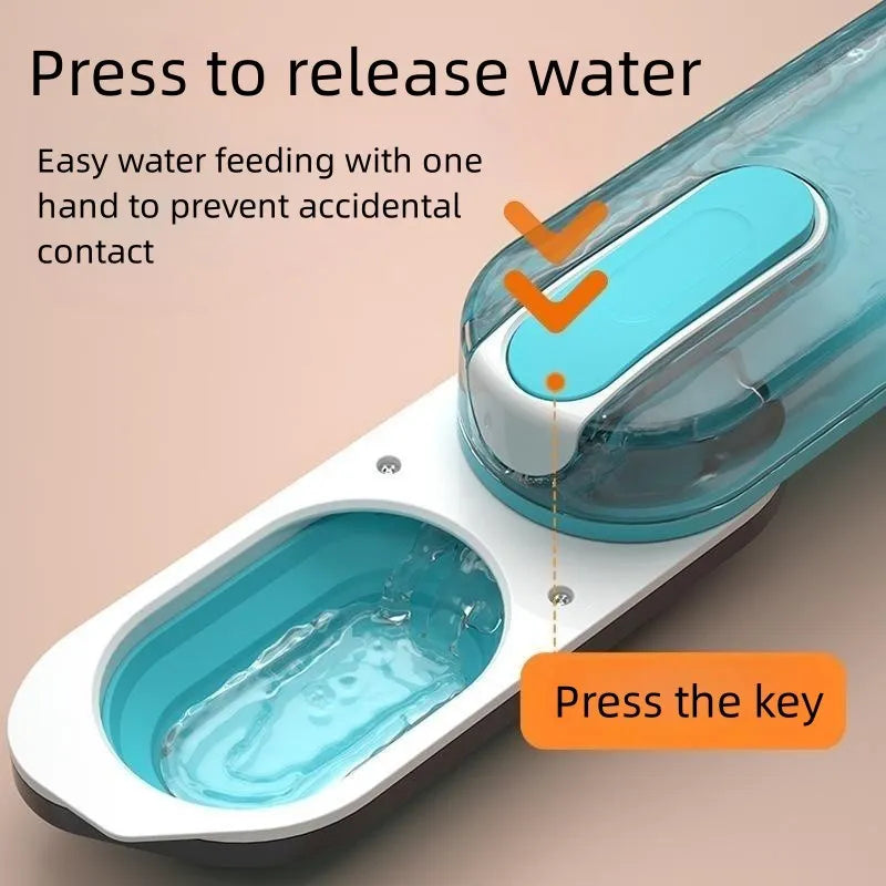 Blue portable pet water bottle with a foldable silicone drinking bowl attached, for dogs and cats.