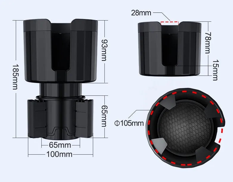 Matte black adjustable car cup holder expander for large drink bottles
