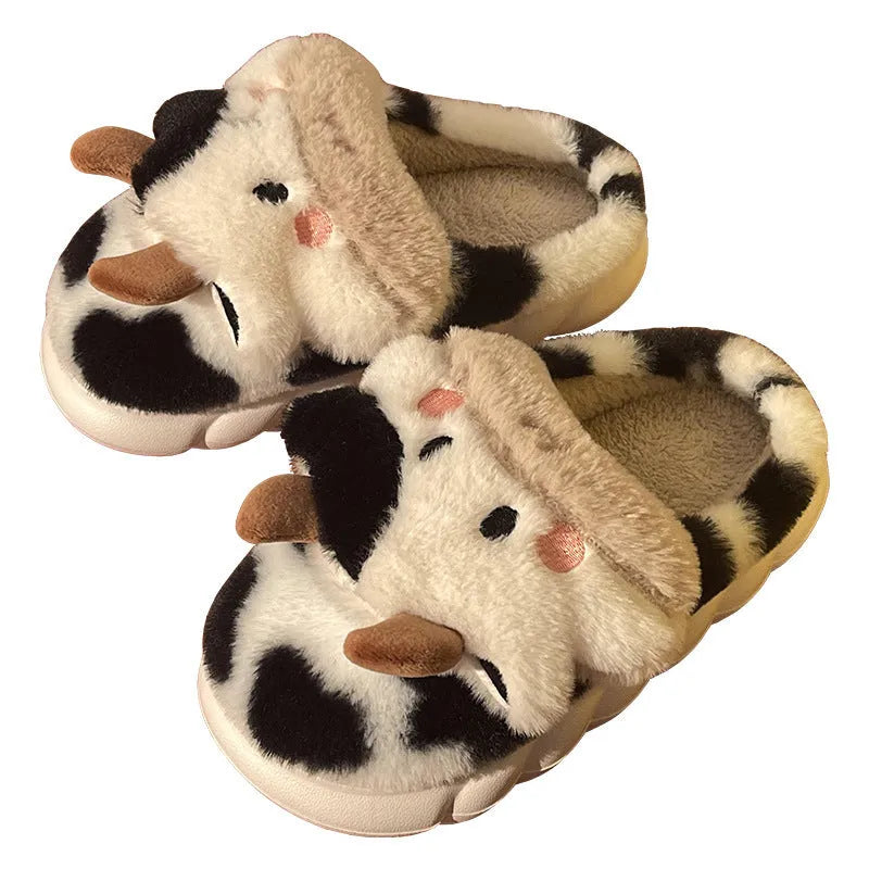 White cow plush slippers for women with non-slip textured soles
