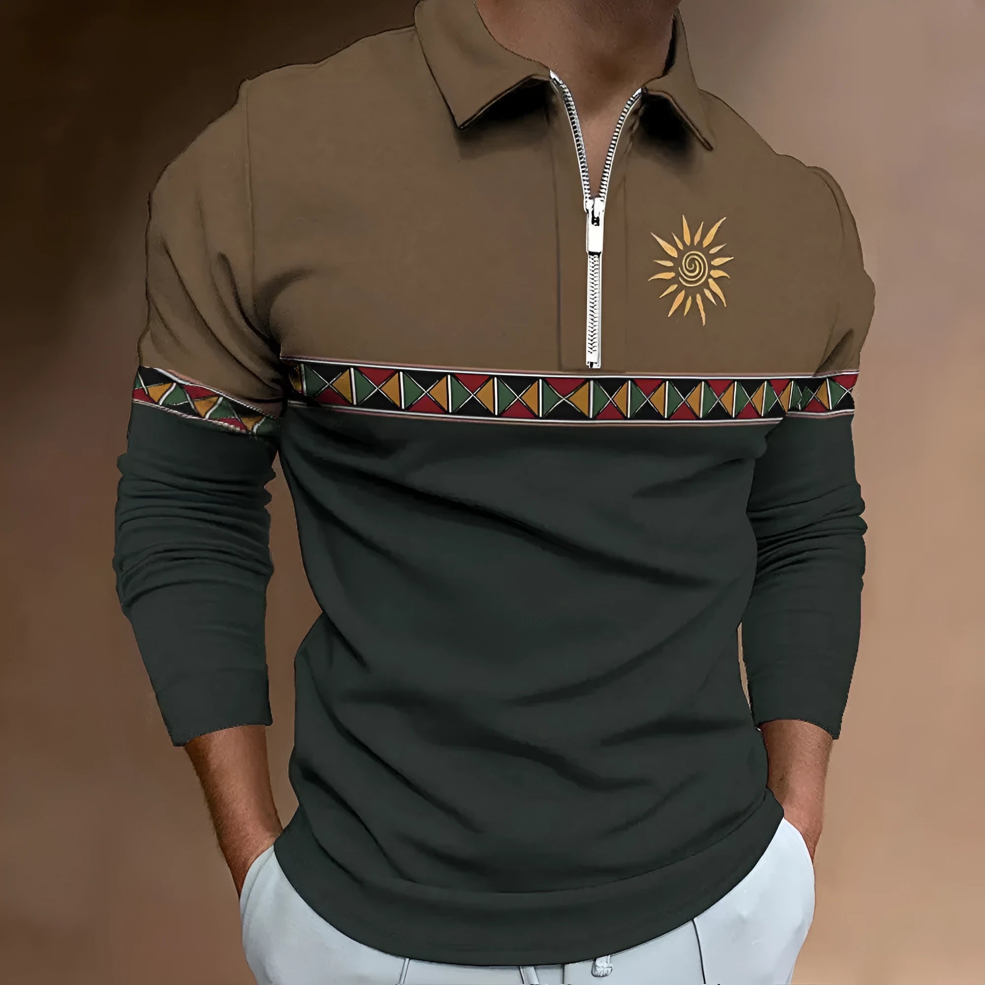 Men's loose fit long sleeve t-shirt with retro colour printing and zipper decorations on textured fabric.