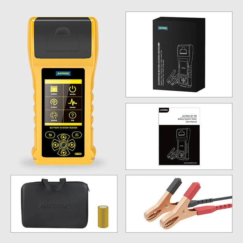 Autool BT760 vehicle battery tester with colour screen, test clips, and printed diagnostic receipt.