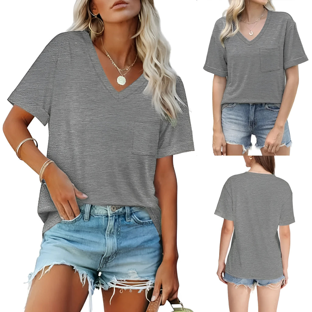 Grey loose V-neck t-shirt with chest pocket on mannequin showing Asian sizing label