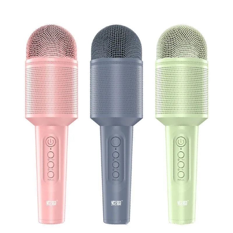 Wireless Bluetooth karaoke microphone in pink, blue, or green with integrated audio system
