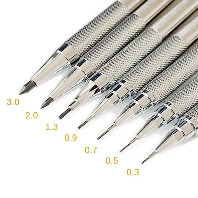 Metal mechanical pencil with automatic lead advancement mechanism and multiple lead size compatibility