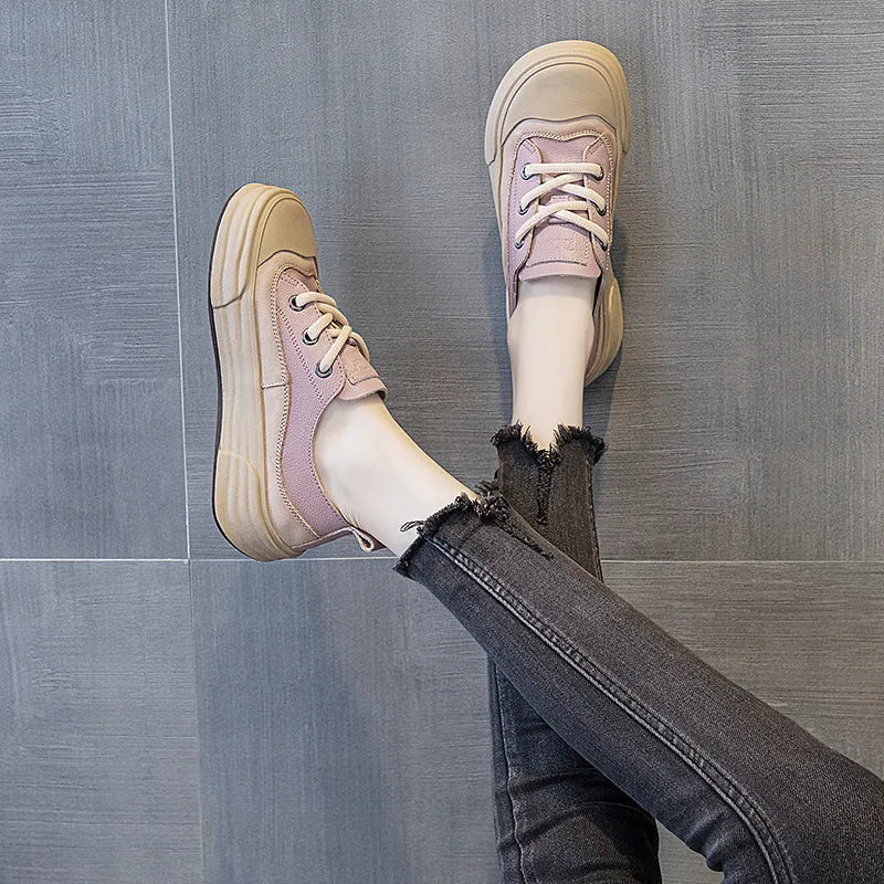 Women's matcha green leather platform sneakers with round toe and lace-up front.