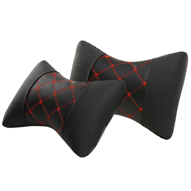 Black quilted artificial leather car headrest pillow with coloured diamond stitching for neck support.