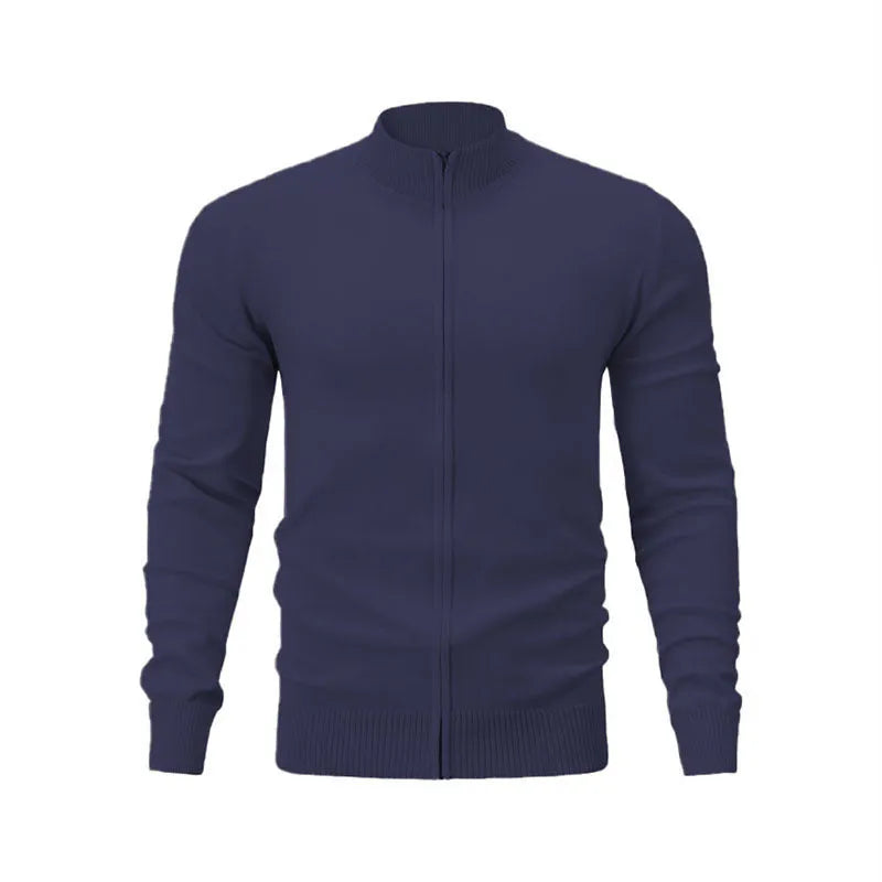 Men's grey stand collar zip-up casual sports sweater hanging on a plain background.