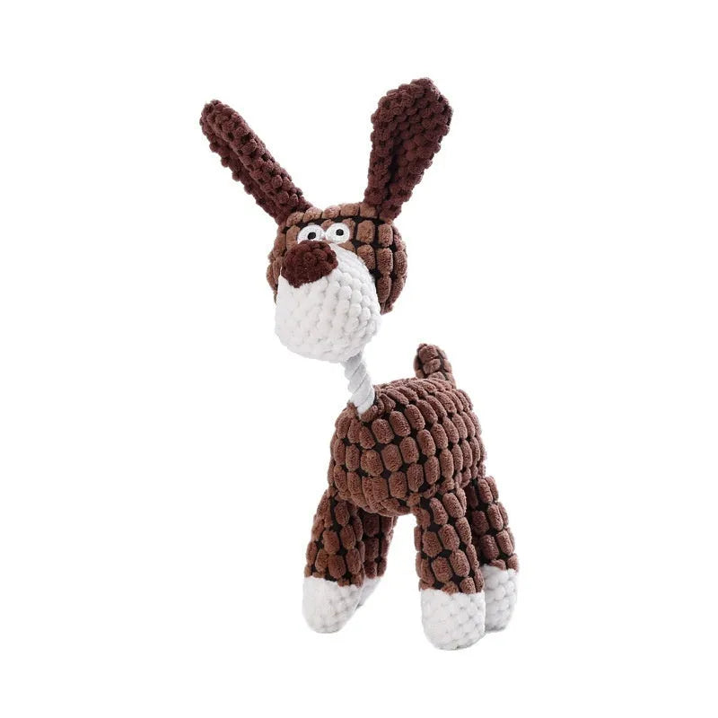 Plush puppy toy showing various animal styles including rechargeable duck, blue elephant, and donkey in multiple colours