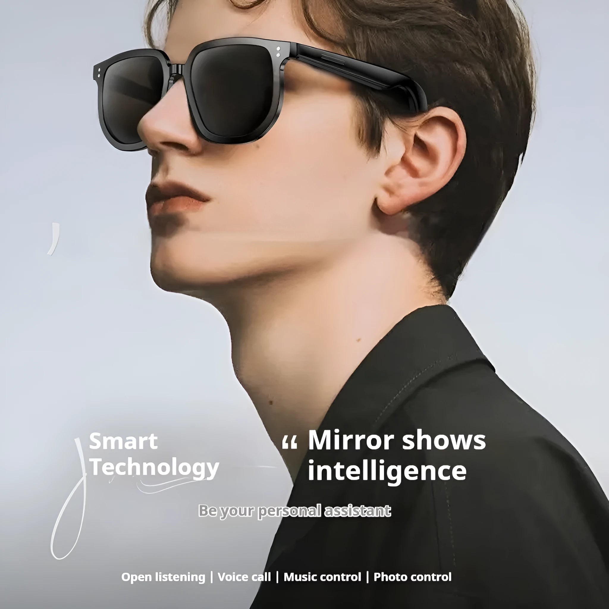 Black AI smart glasses with Bluetooth audio, touch control, and UV-protective sunglass lenses.