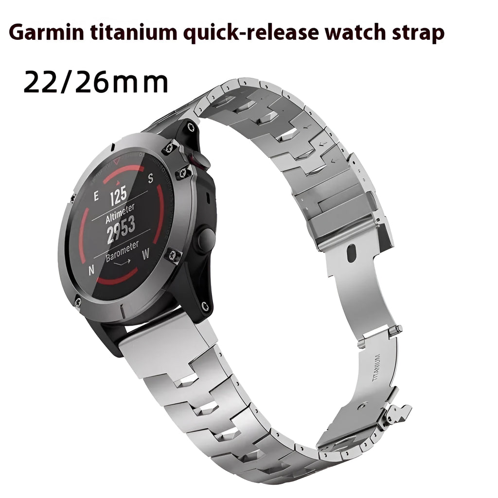 Garmin Fenix watch metal replacement strap in silver, black, or titanium colour, 22mm or 26mm width