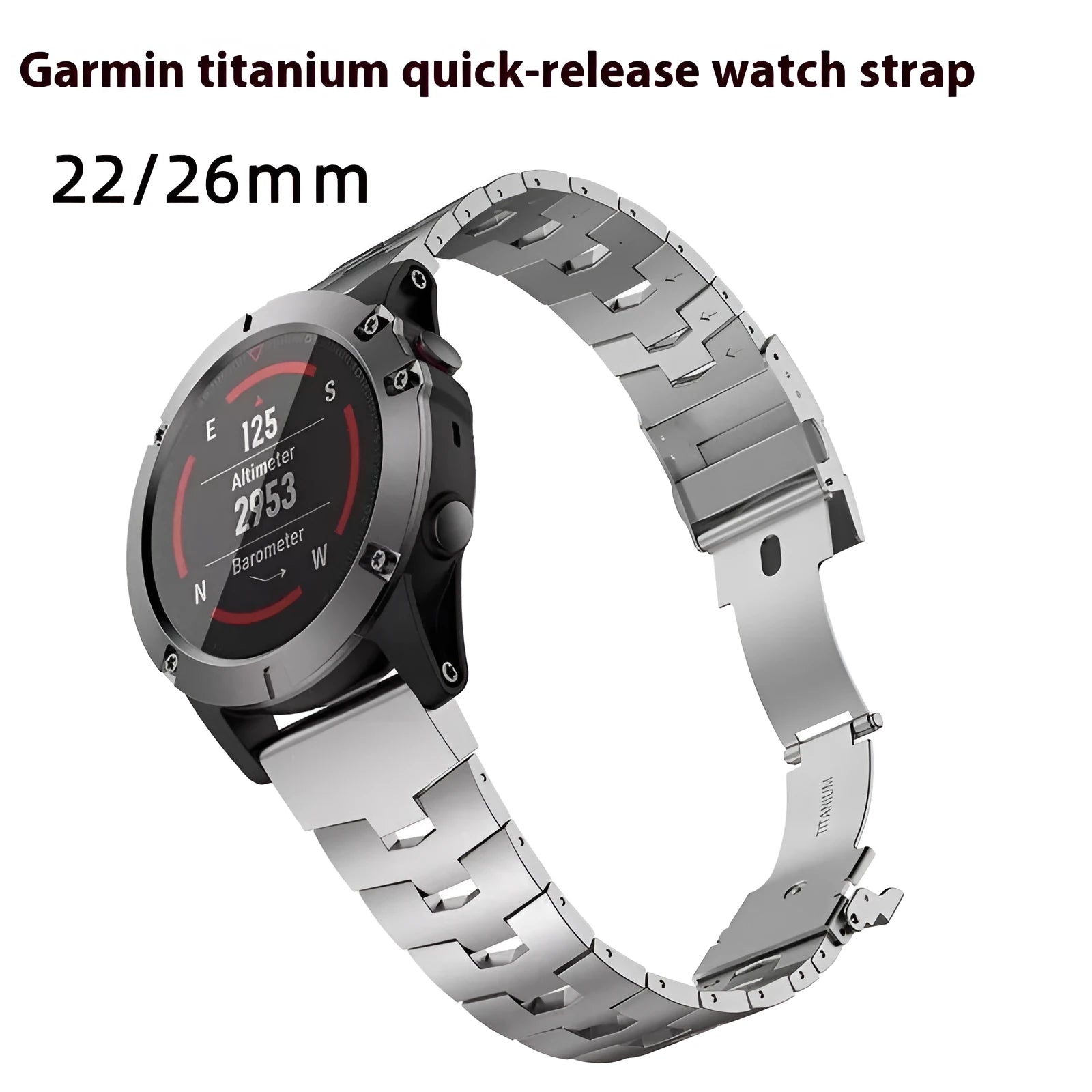 Garmin Fenix watch metal replacement strap in silver, black, or titanium colour, 22mm or 26mm width