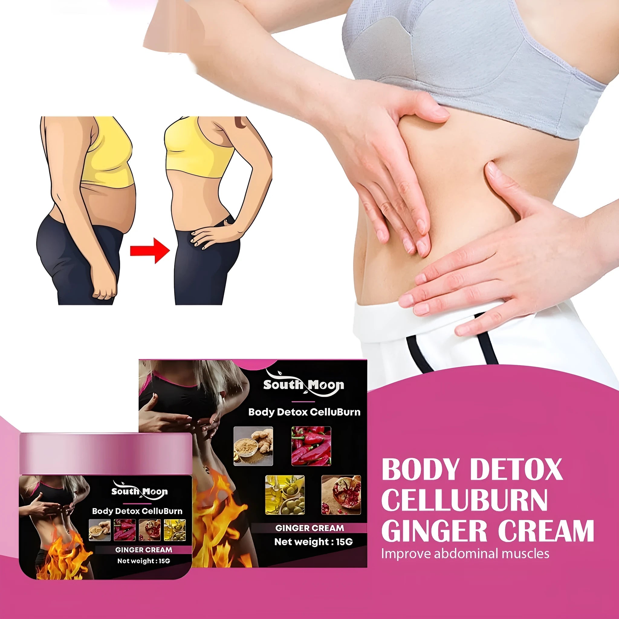 15g pot of ginger body thigh slimming shaping tightening cream with olive oil and hyaluronic acid.