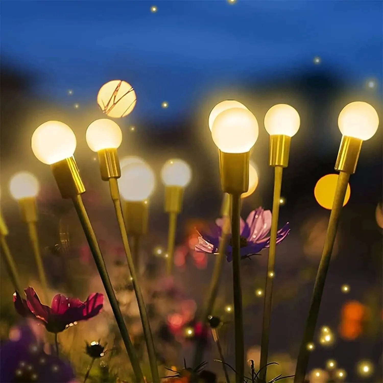 Solar-powered LED firefly ground lamp with multiple light heads for garden pathway illumination