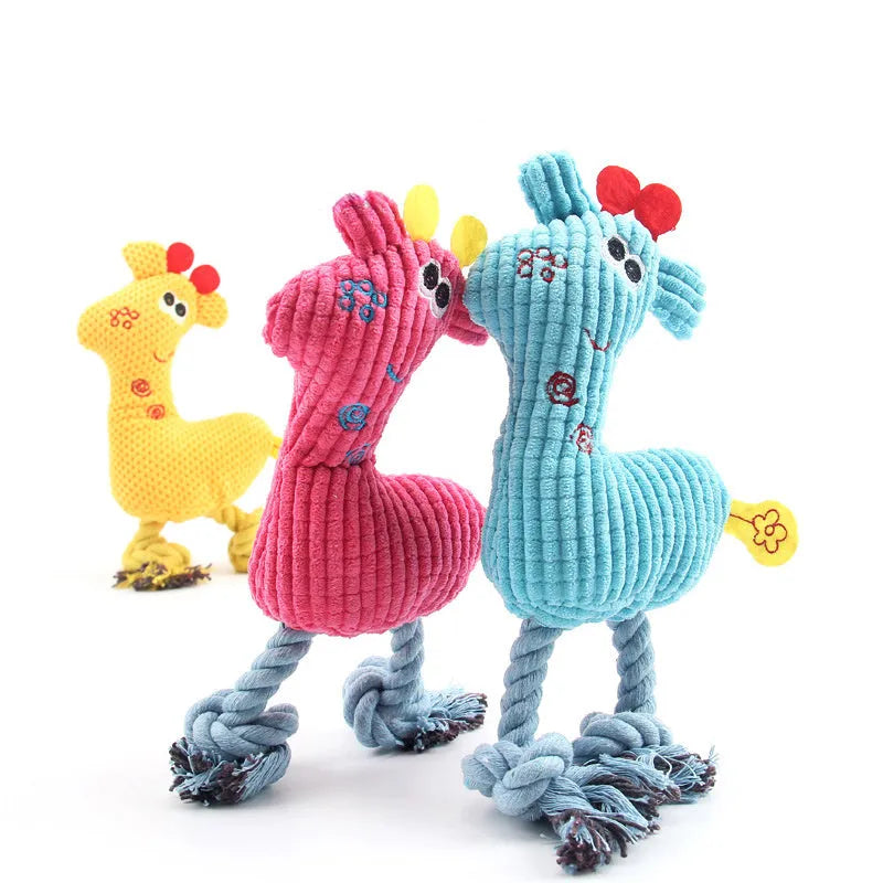 Blue deer-shaped plush dog toy with corn grain texture, shown next to a measuring tape indicating 24 cm length.