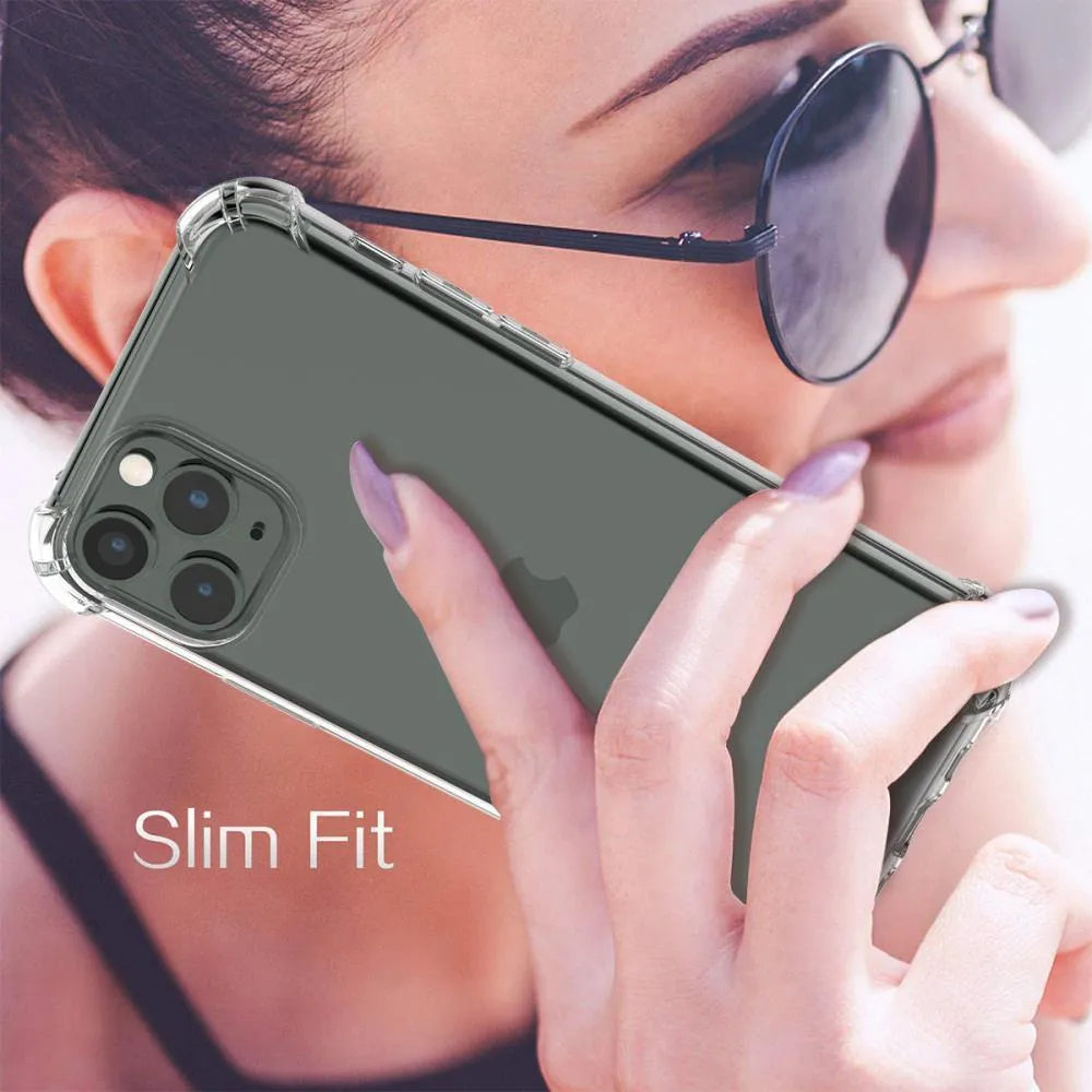Clear transparent TPU shockproof phone case for iPhone, shown from the back.