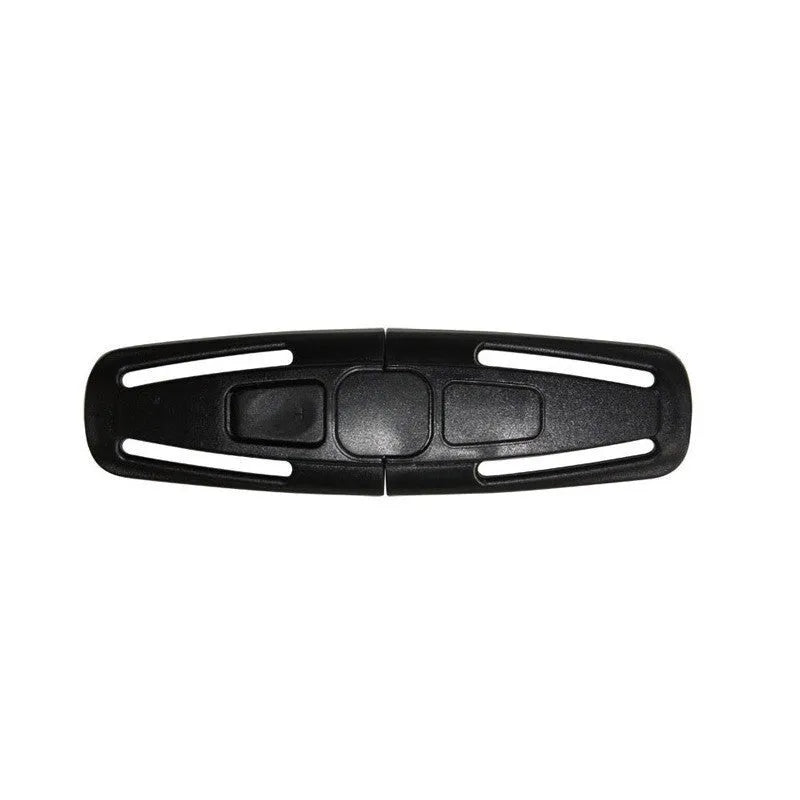 Black nylon seat belt buckle clip for child car seats measuring 14.5 by 4 centimetres