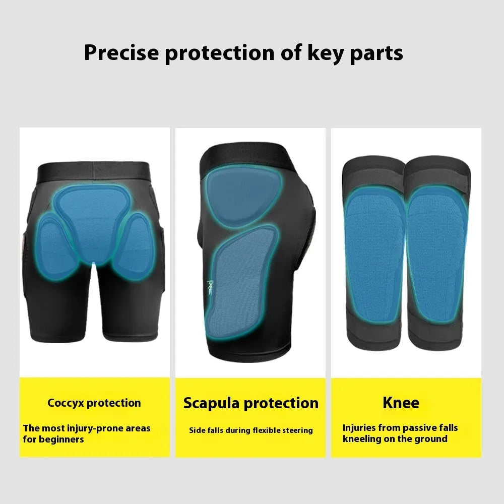 X-ray diffraction ski protective gear set showing slim hip pad and multi-layer knee pad for inner wear.