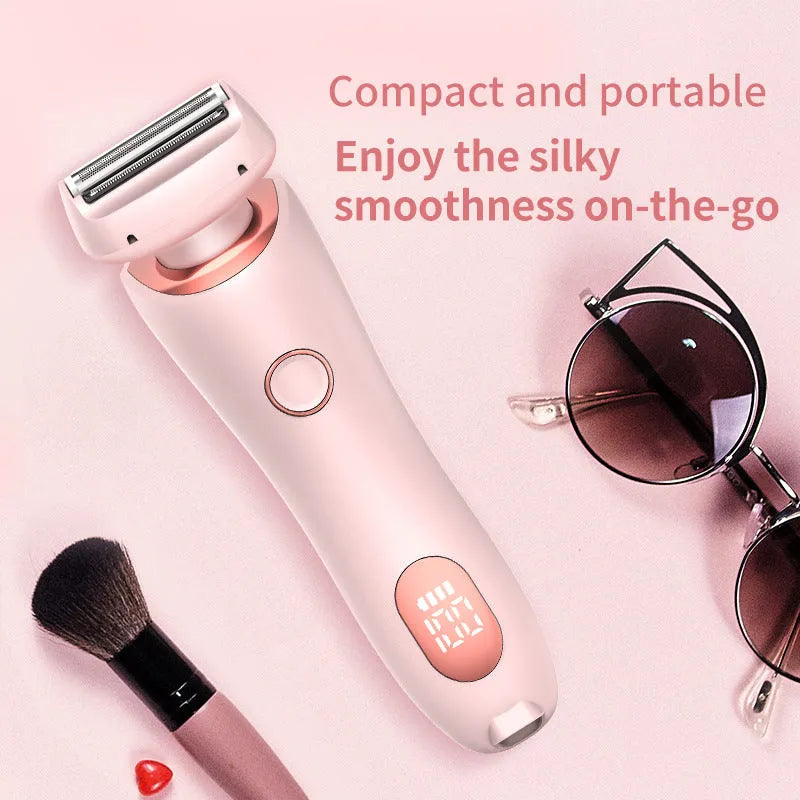 2-in-1 USB rechargeable electric shaver for women with square and round heads, pink colour, for whole body hair removal