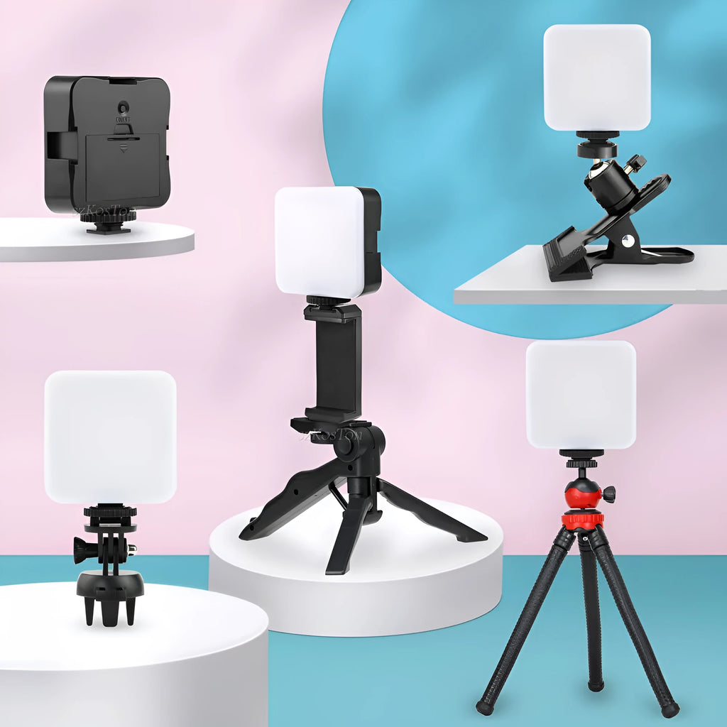 LED mini square pocket light tripod flash unit showing compact 7.3x2.8x8.4 cm dimensions and multiple attachment configurations