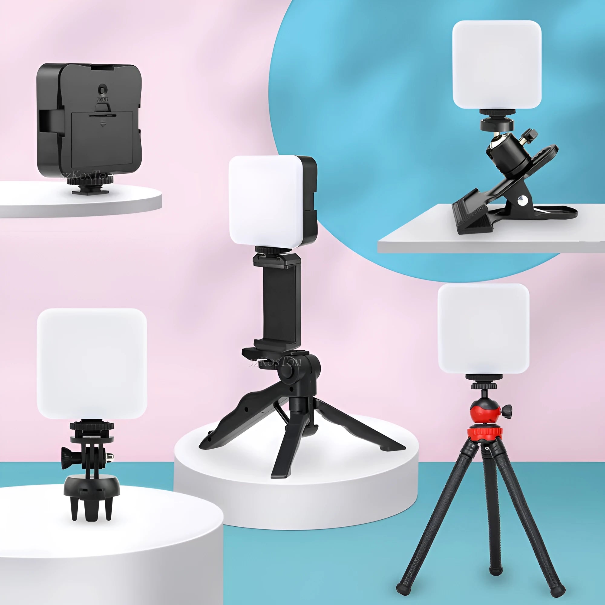 LED mini square pocket light tripod flash unit showing compact 7.3x2.8x8.4 cm dimensions and multiple attachment configurations