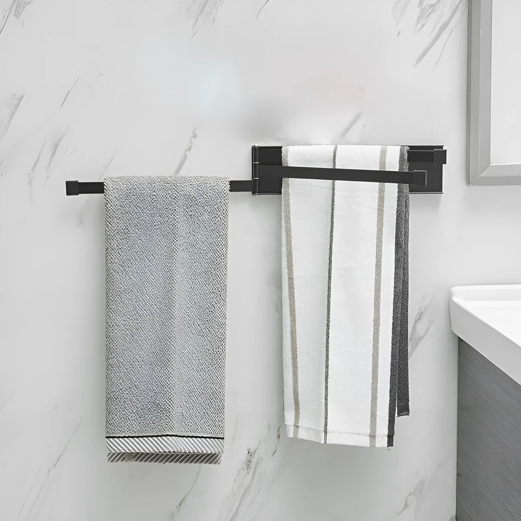 Black folding towel bar with adhesive installation for bathroom