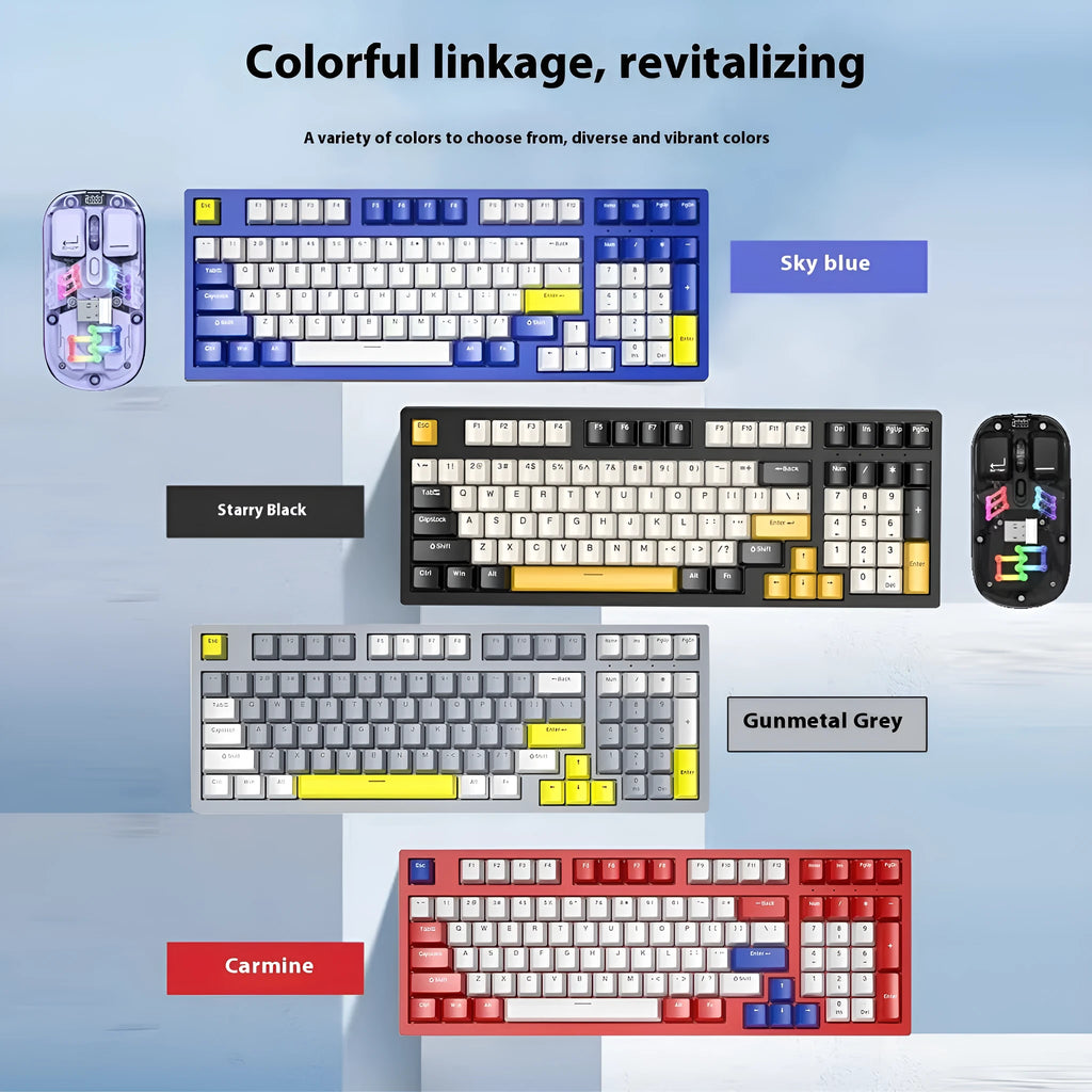 K98 mechanical keyboard with T7 wireless mouse in multiple colour options including black socks and xiaguang purple variants